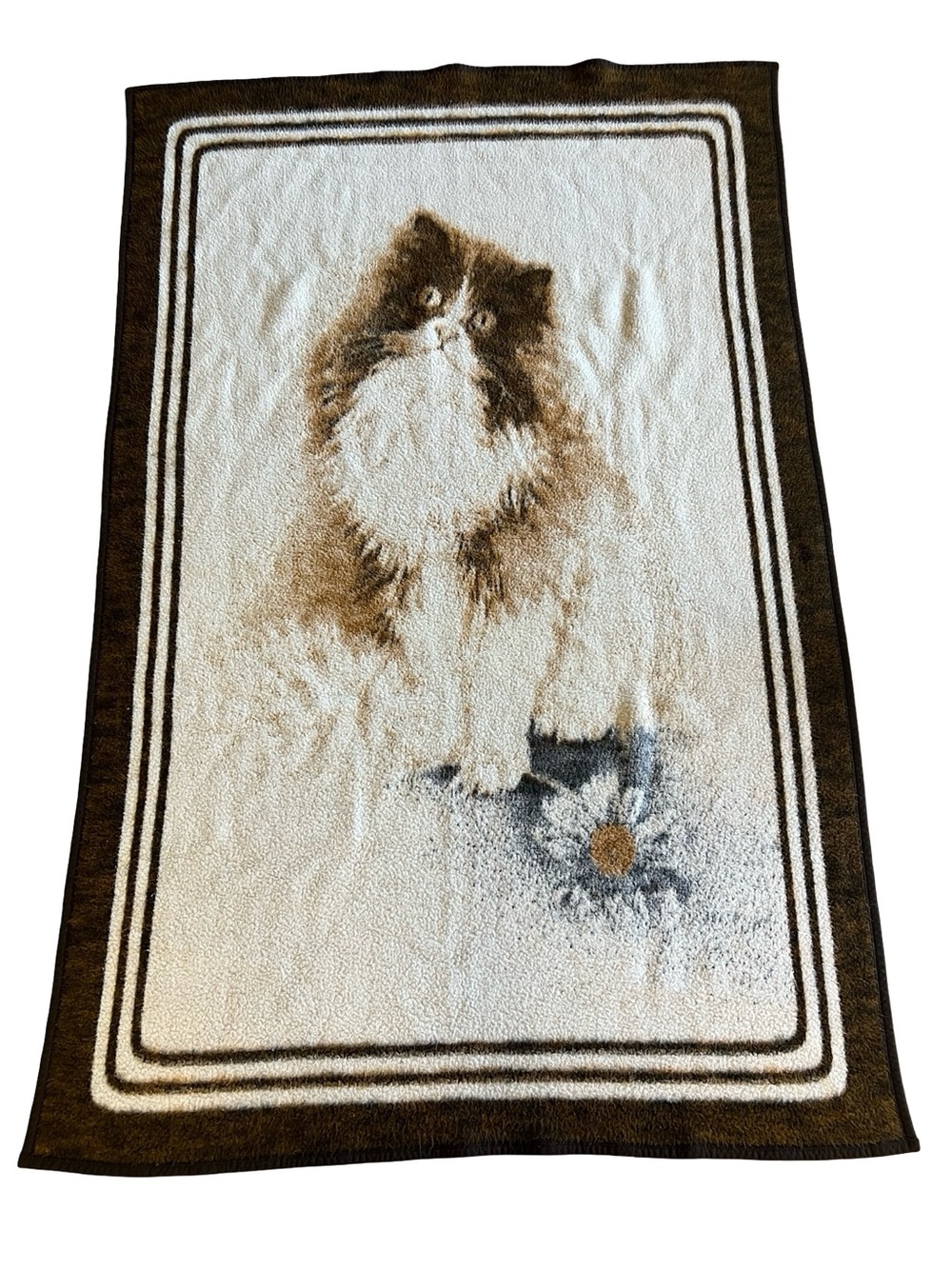 VTG BIEDERLACK Boho Cozy Cat Kitten Fleece Plush Throw Blanket 74x48 Brown Cream
